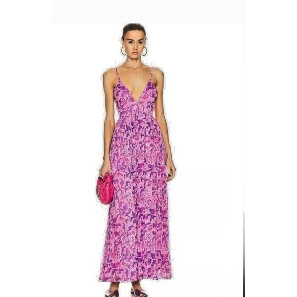 Rococo Sand Lei M maxi dress Pink deep plunge pleated flowy resort - Picture 2 of 12